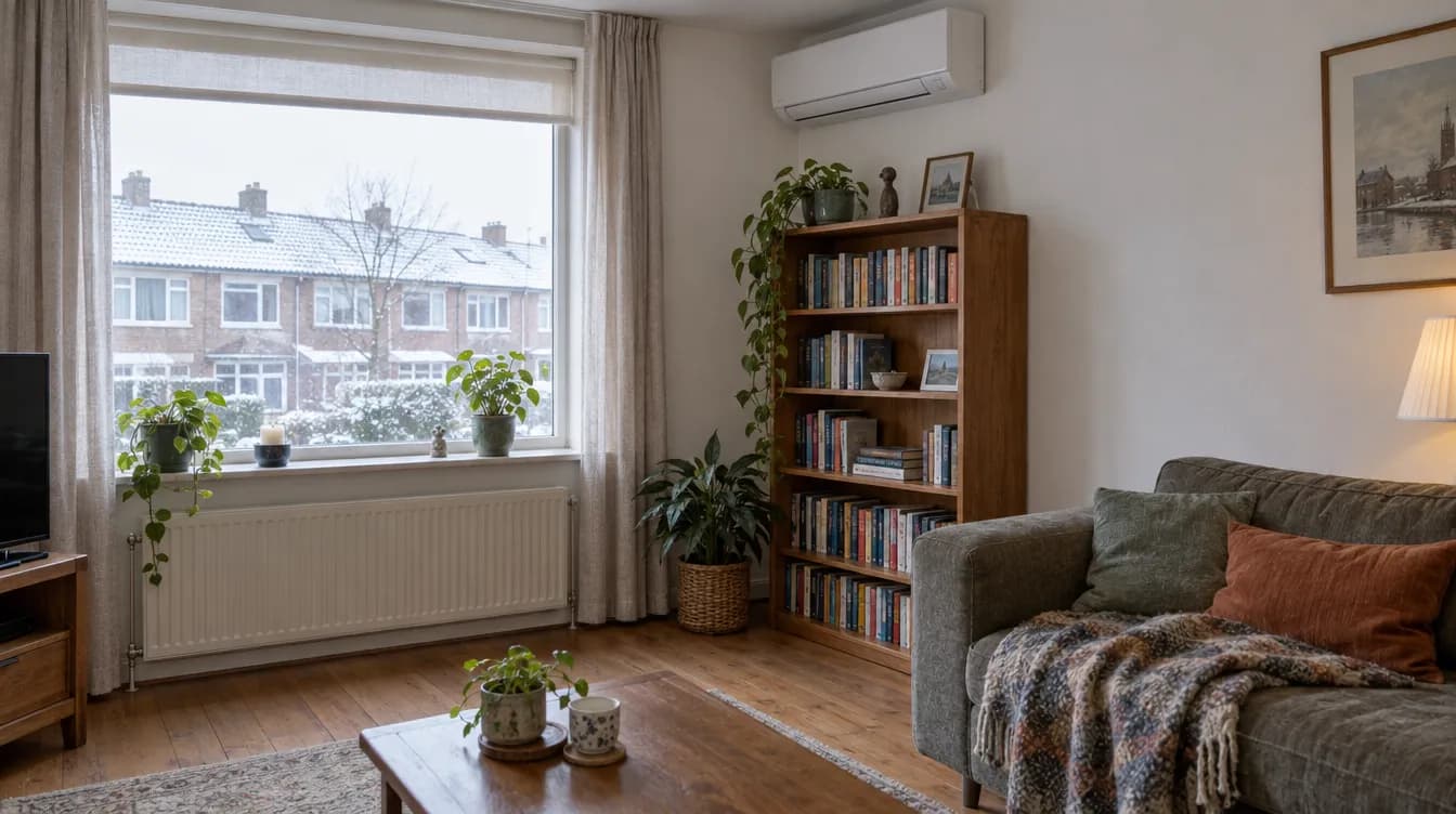 Illustratie: binnenunit van een airco hoog aan de muur van een woonkamer, met een gewone radiator onder het raam