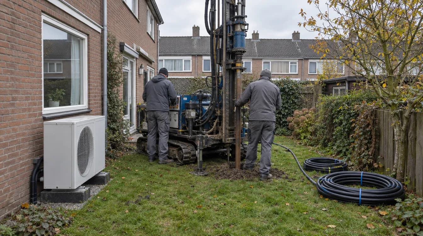 Illustratie: in de achtertuin van een rijwoning boort een kleine boorinstallatie een bron voor een bodemwarmtepomp, met links de buitenunit van een luchtwarmtepomp