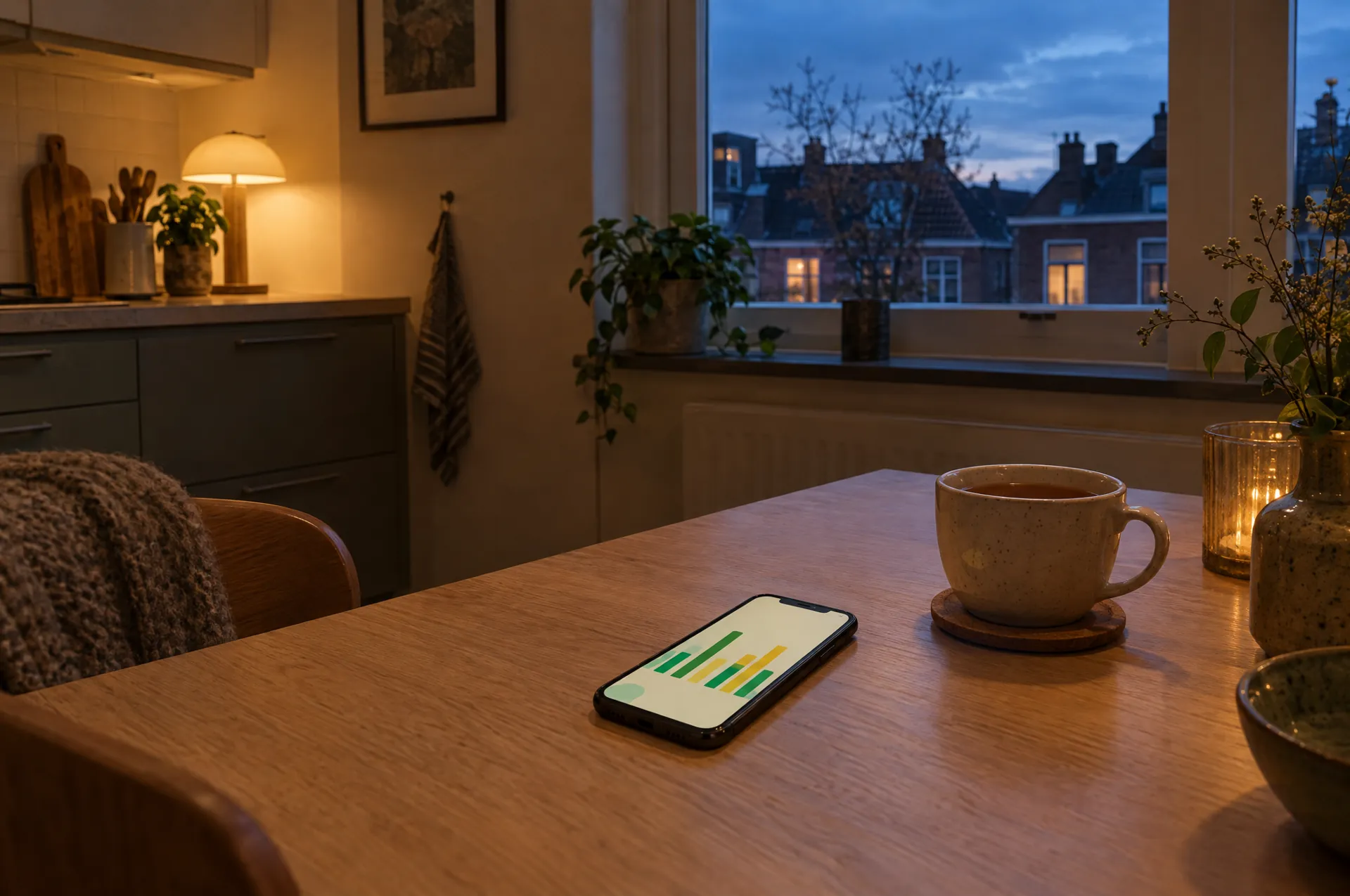 Een keuken 's avonds met een telefoon op het aanrecht die een eenvoudige grafiek van stroomprijzen toont