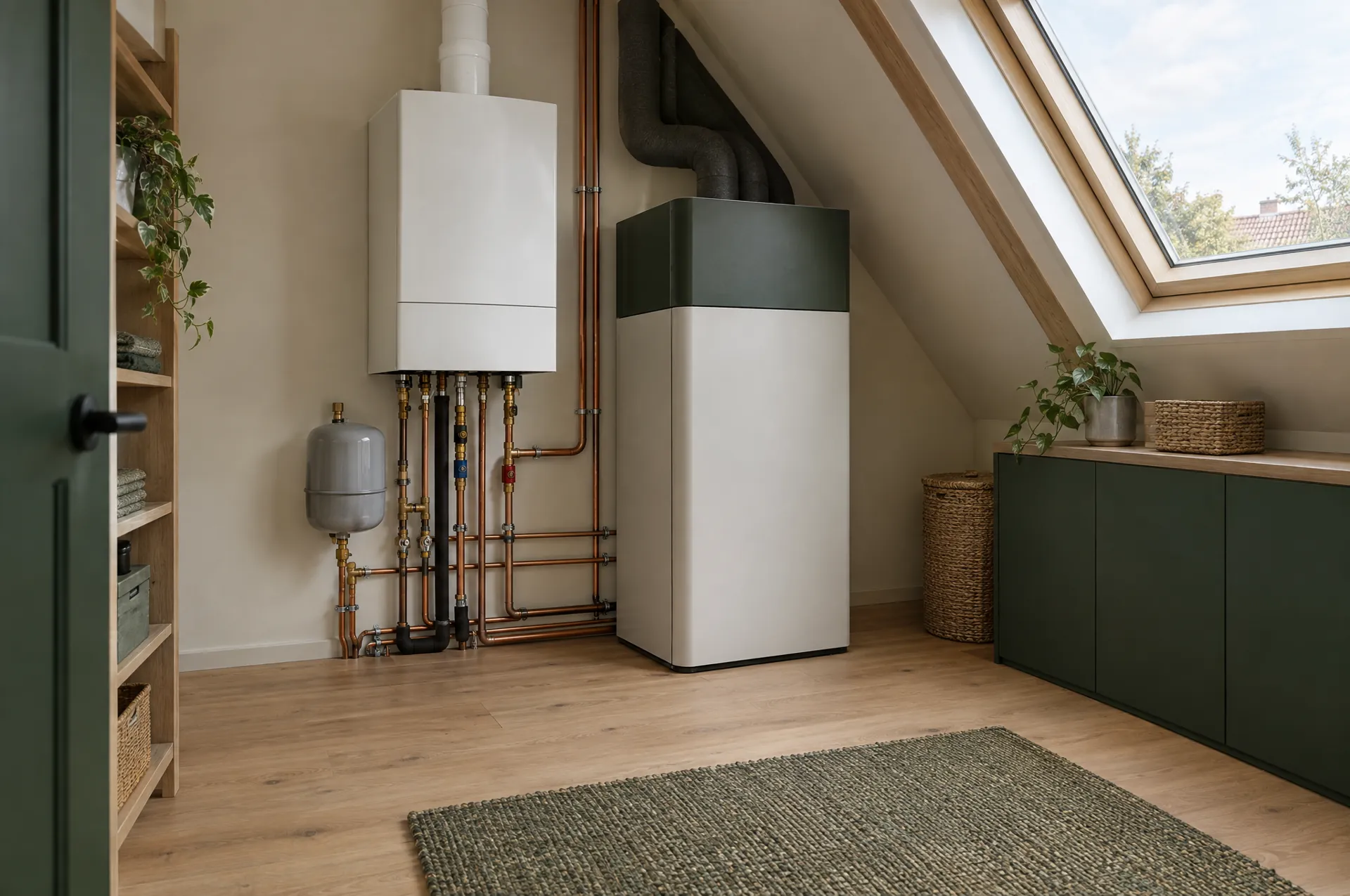 Een cv-ketel met het binnendeel van een hybride warmtepomp ernaast op zolder