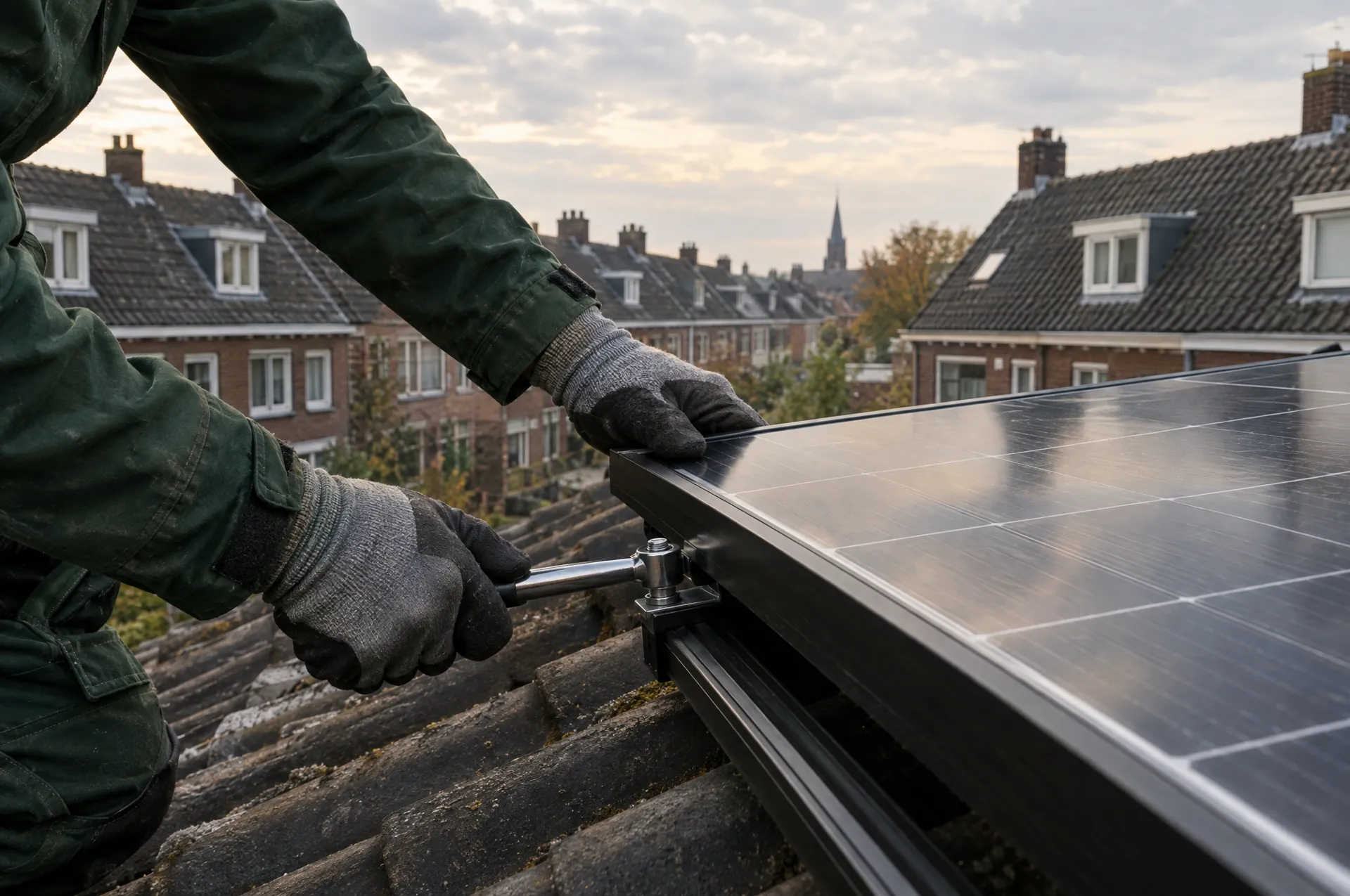 Installateur die een zonnepaneel op een dak monteert