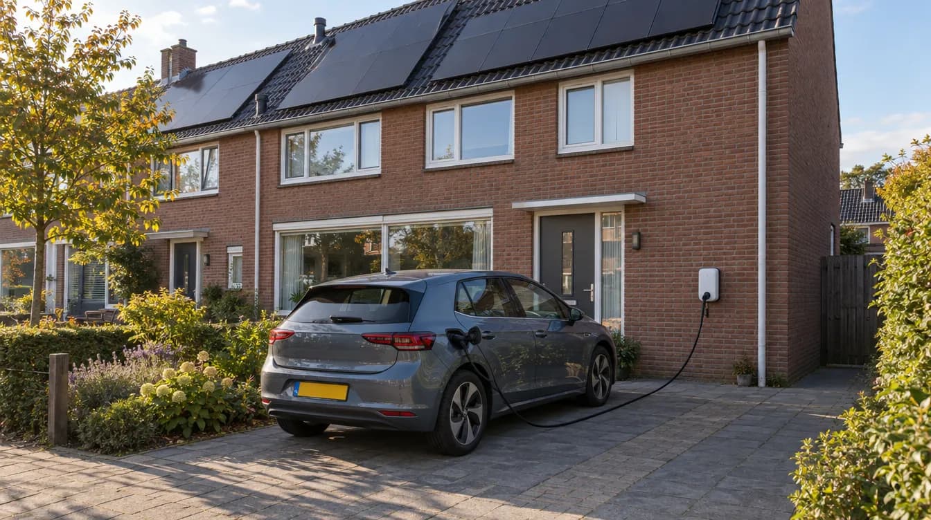 Illustratie: elektrische auto laadt aan een wandlaadpaal naast de voordeur van een rijwoning met zonnepanelen op het dak