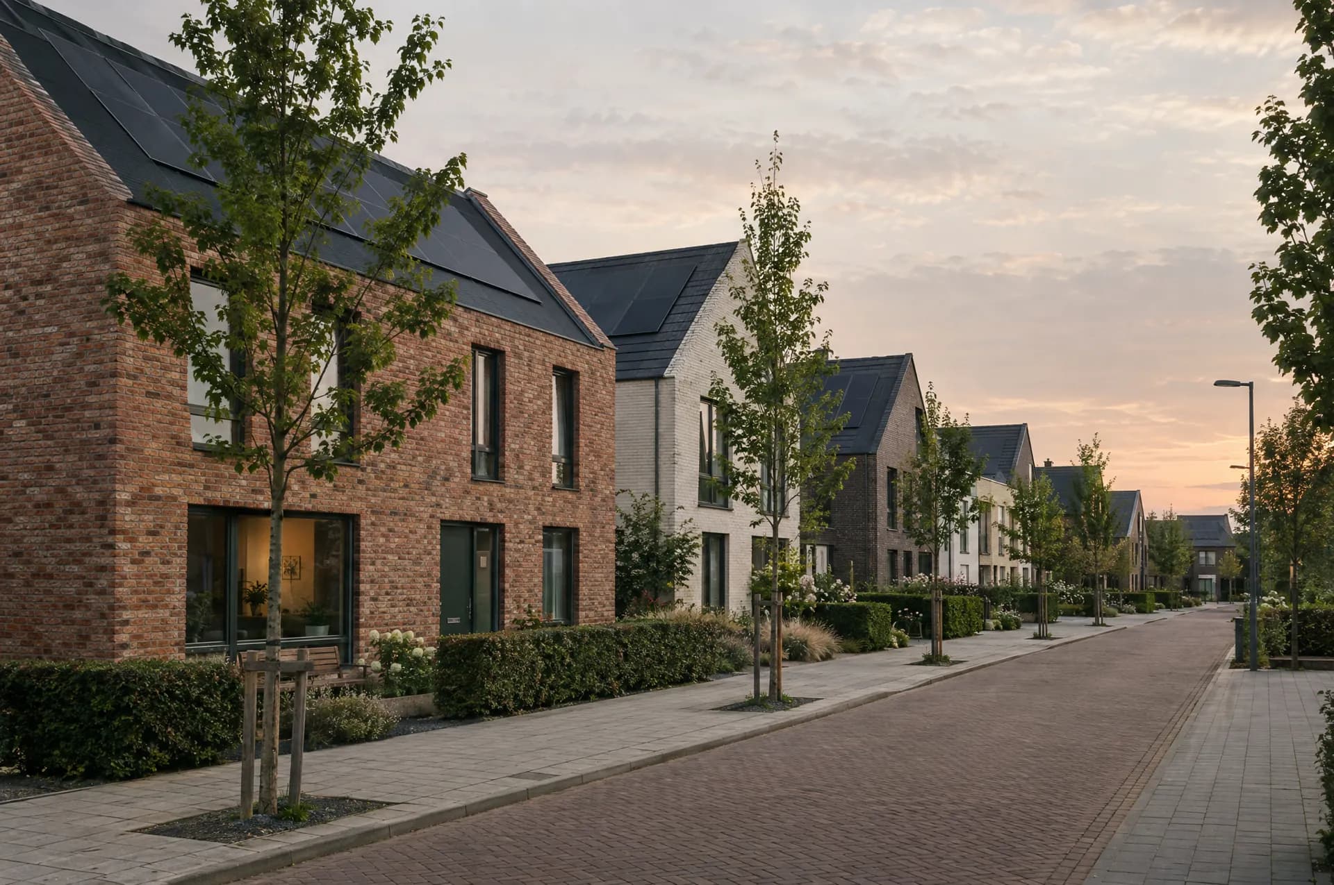 Nieuwbouwstraat met zonnepanelen geïntegreerd in de daken