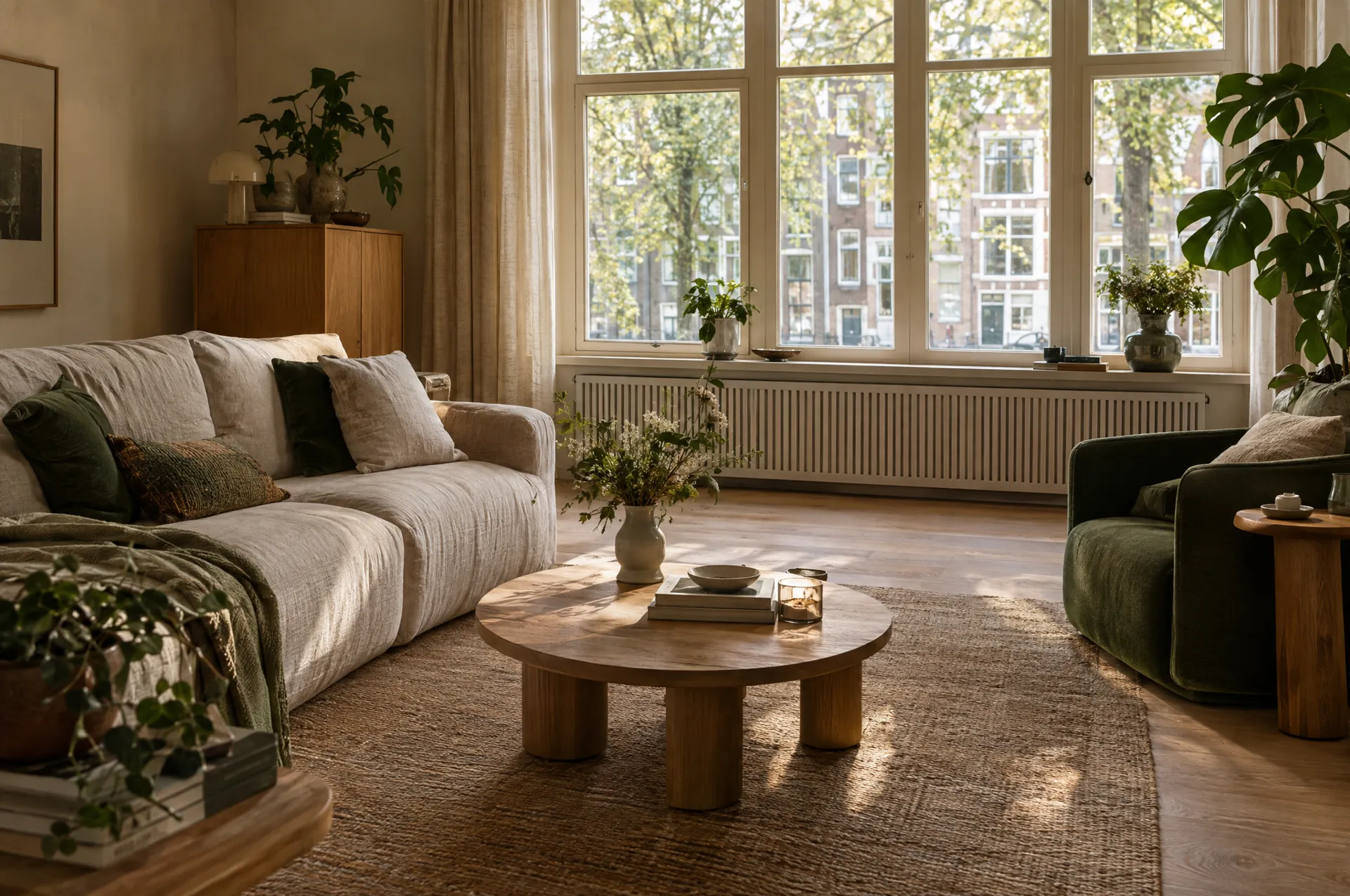 Woonkamer met een lage radiator onder een groot raam