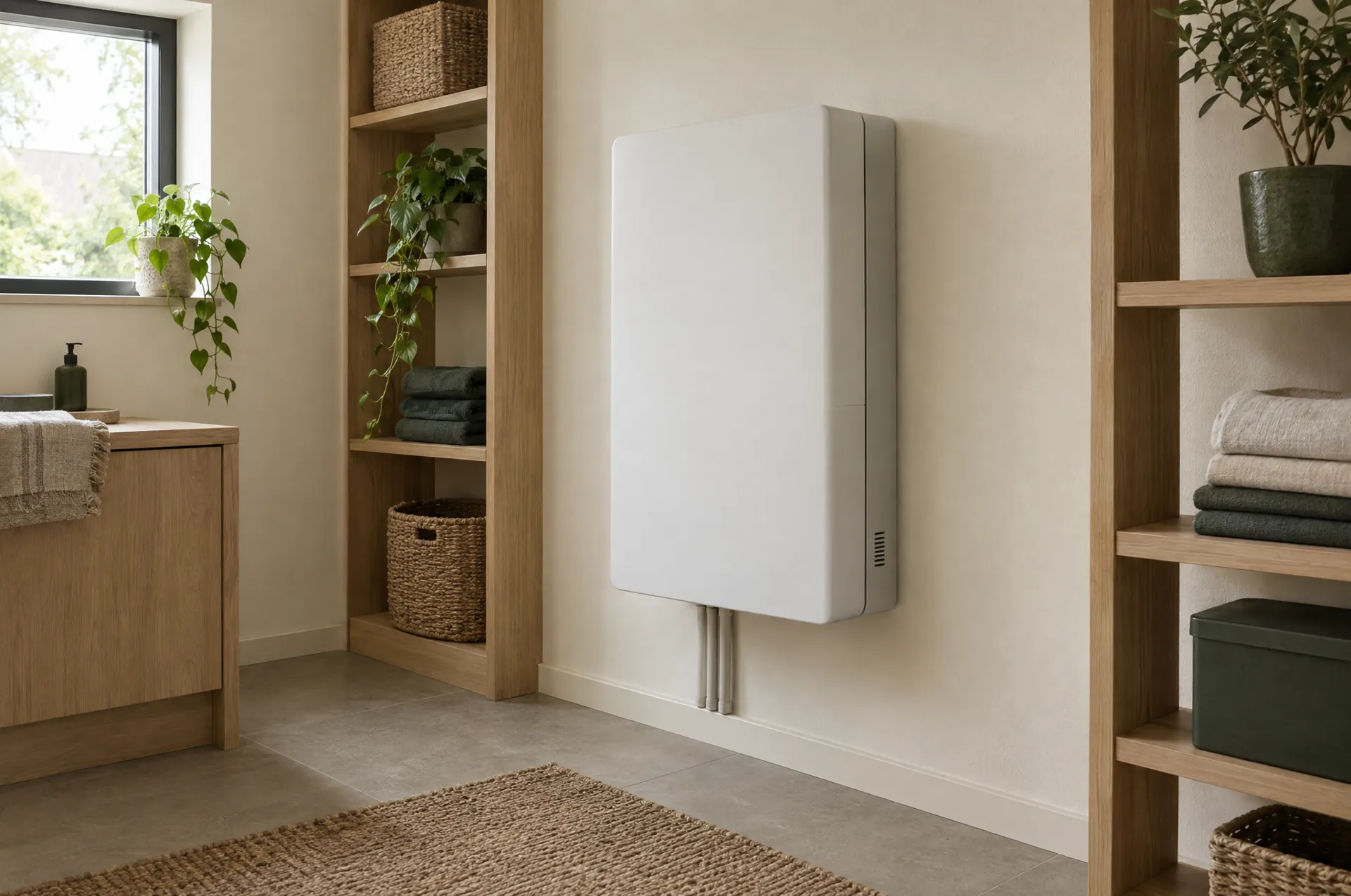 Een witte thuisbatterij aan de muur van een opgeruimde bijkeuken
