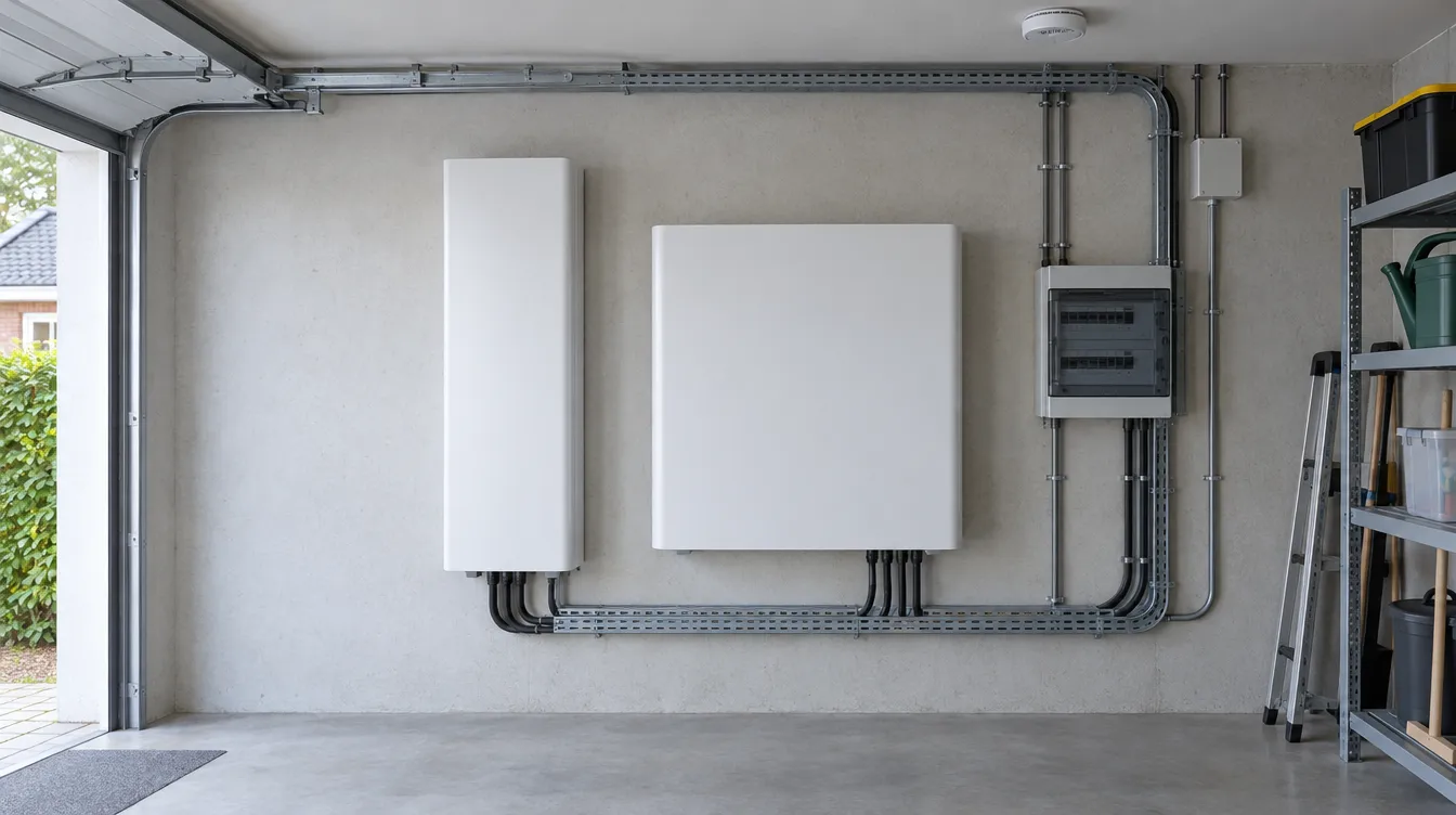 Illustratie: twee witte thuisbatterijen zonder merk aan de wand van een garage, naast een groepenkast