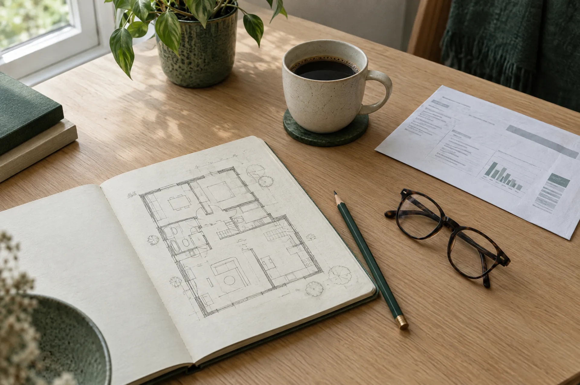 Een notitieboek met een schets van een plattegrond en een kop koffie op een eiken tafel