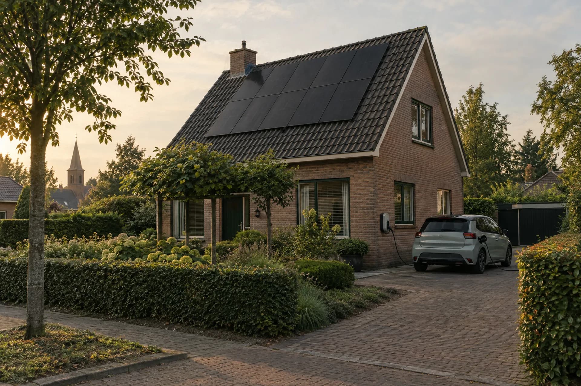 Vrijstaande woning met zonnepanelen en een laadpaal op de oprit