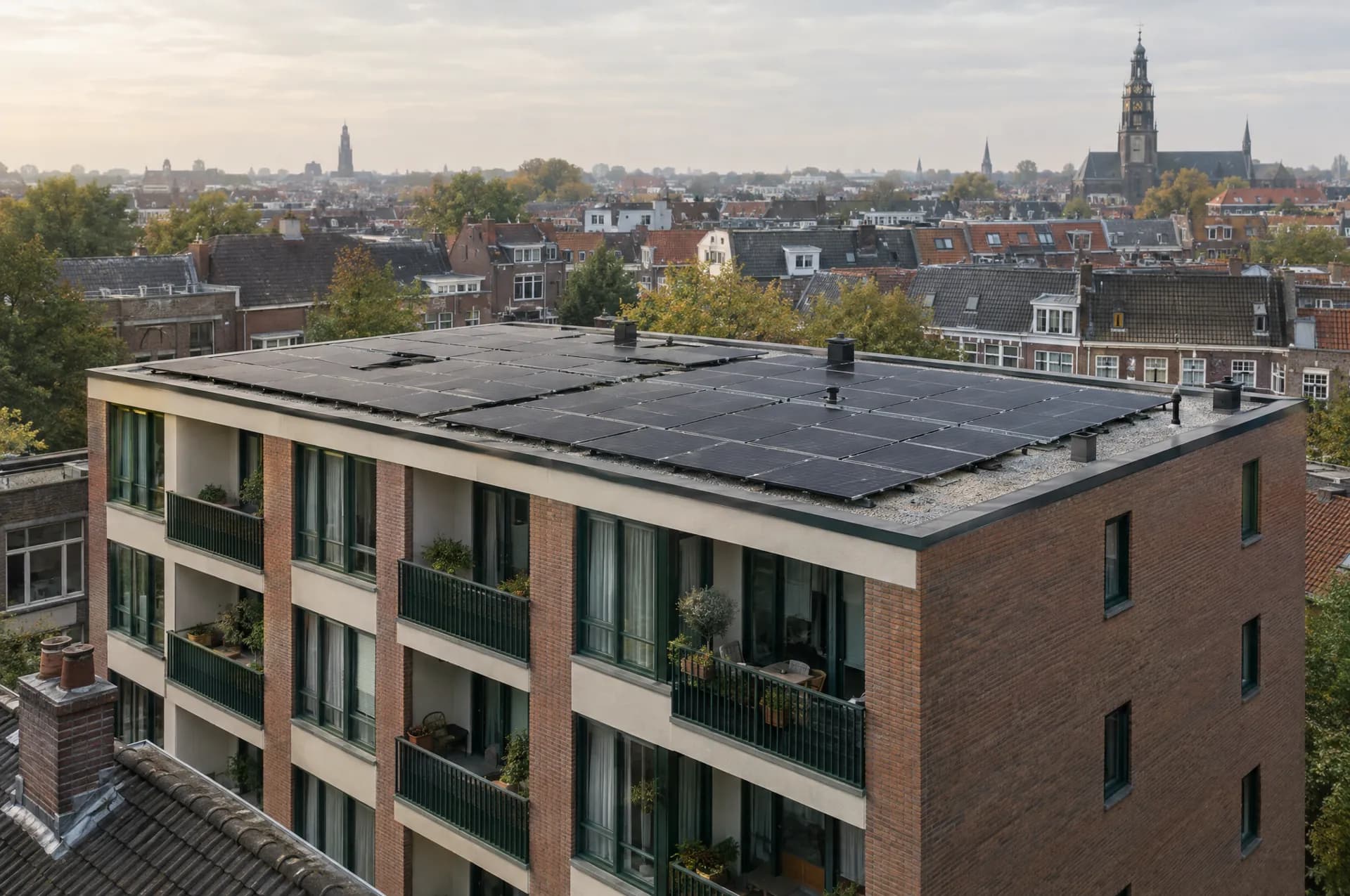 Een appartementencomplex met zonnepanelen op het platte dak