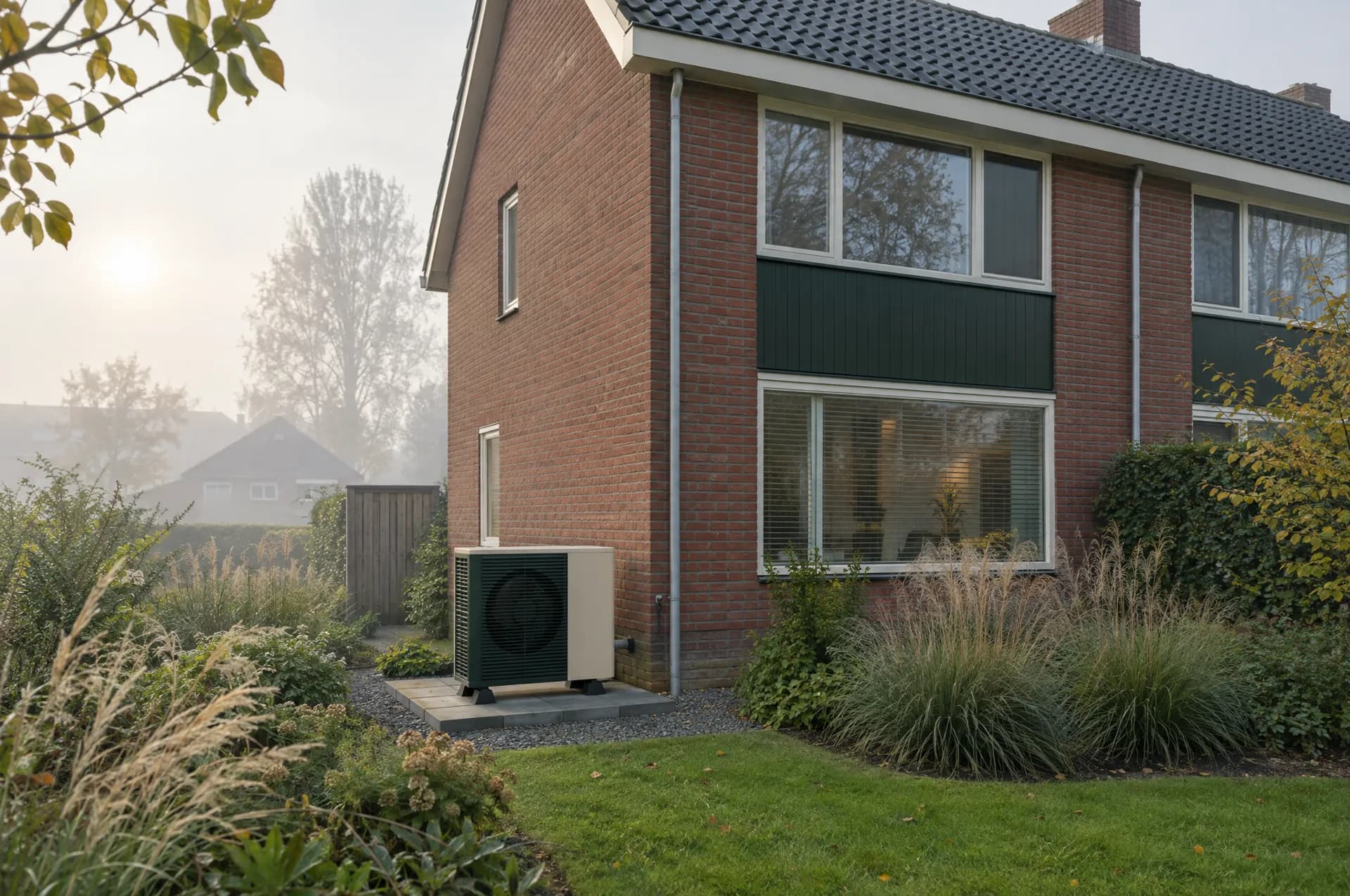 Buitenunit van een warmtepomp naast een bakstenen twee-onder-een-kapwoning