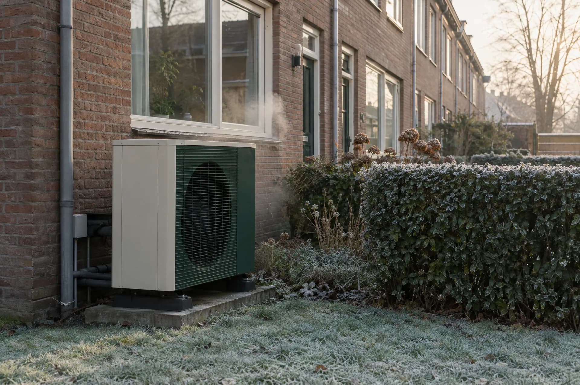 Buitenunit van een warmtepomp op een ijzige winterochtend