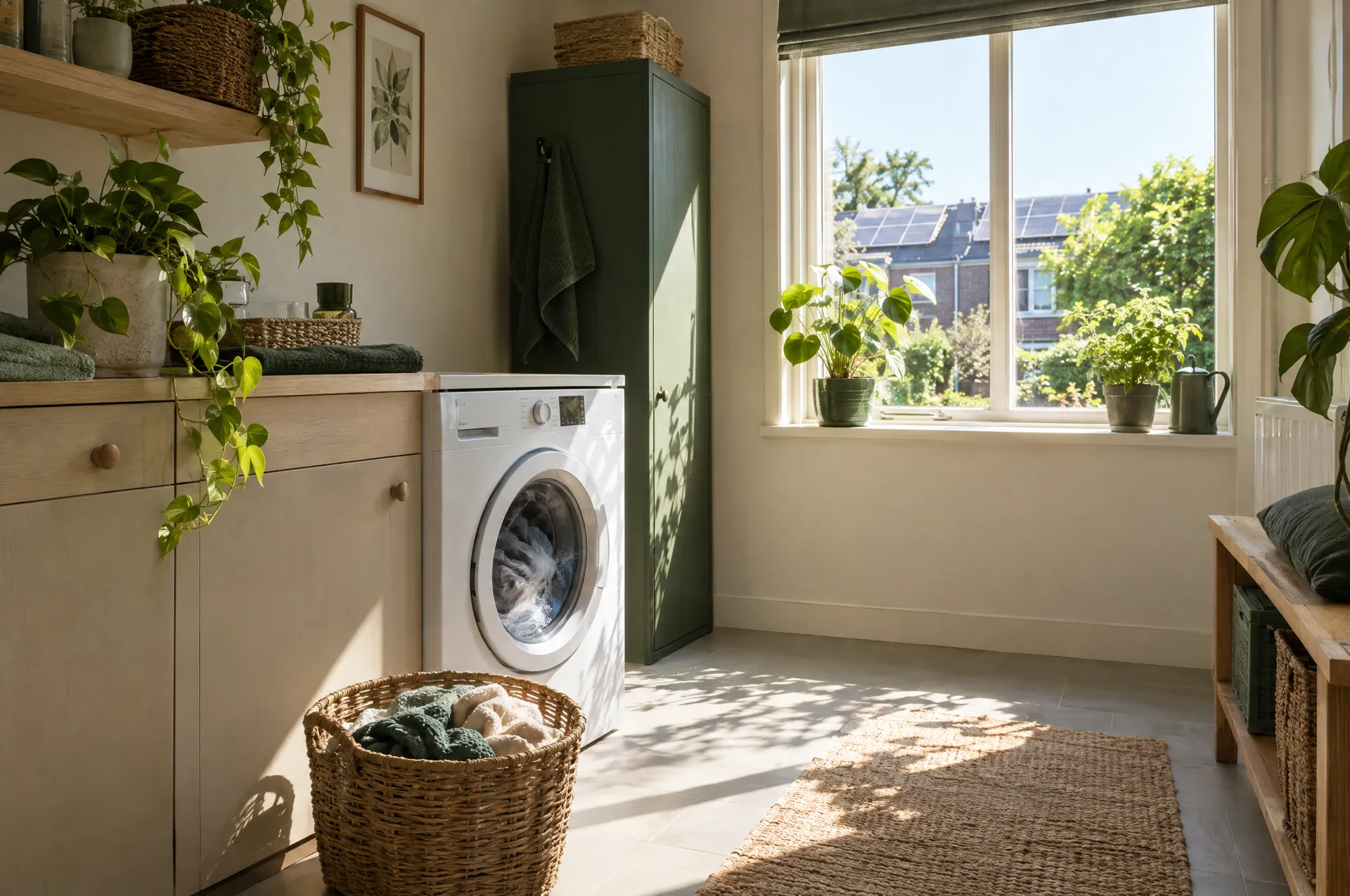 Wasmachine die draait in een zonnige bijkeuken