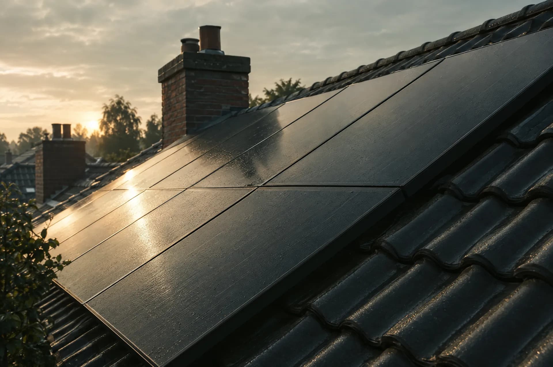 Zwarte zonnepanelen op een pannendak in het ochtendlicht