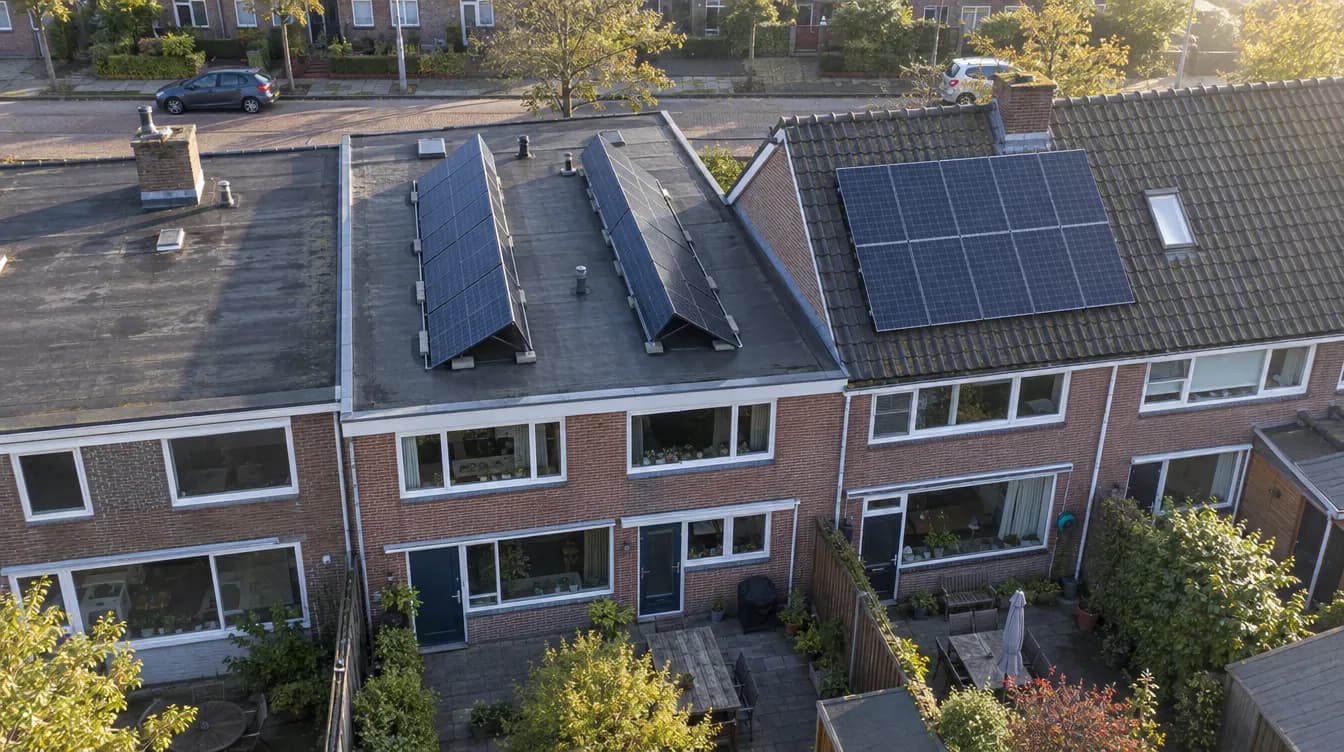 Illustratie: luchtfoto van rijwoningen, links een plat dak met zonnepanelen in oost-westopstelling, rechts een schuin dak met panelen op het zuiden