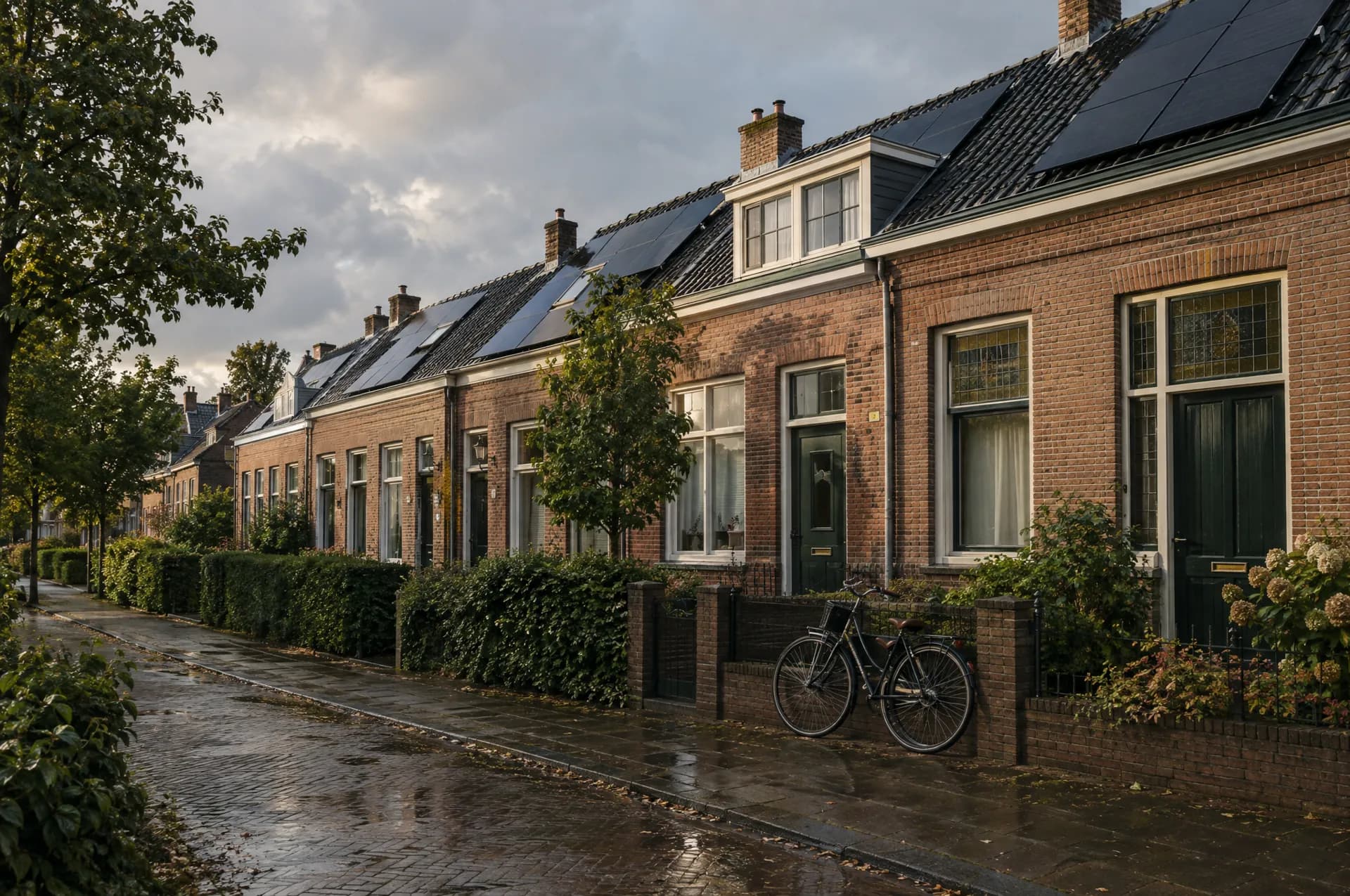 Nederlandse rijtjeshuizen met zwarte zonnepanelen op het dak na een regenbui