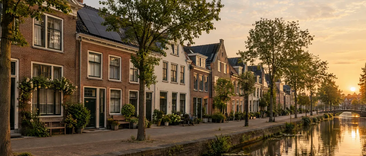 Nederlandse woonstraat aan een gracht in avondlicht